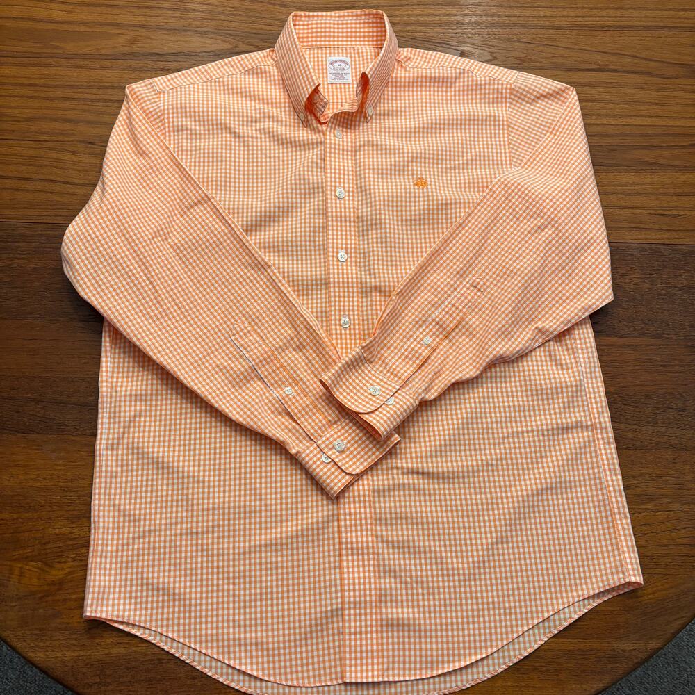 Brooks Brothers men’s orange gingham long sleeve button down dress shirt Size M